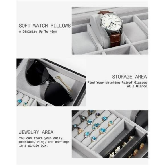 Men's Watch Box Case Organizer Large Black Leather 2 Layer 12 slot Gift for Men - Picture 3 of 5